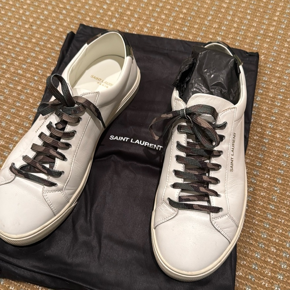Saint Laurent White Leather Low-Top Sneakers with Dark Camouflage Laces